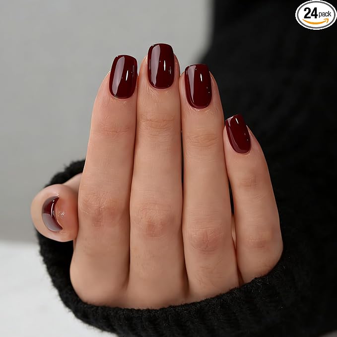Burgundy Press on Nails Short Square, Dark Red Fake Nails | Short Square Fake Nails,Apply Protective UV coating, Salon Quality Nails in 12 Sizes - 24 Nail Kit with Glue