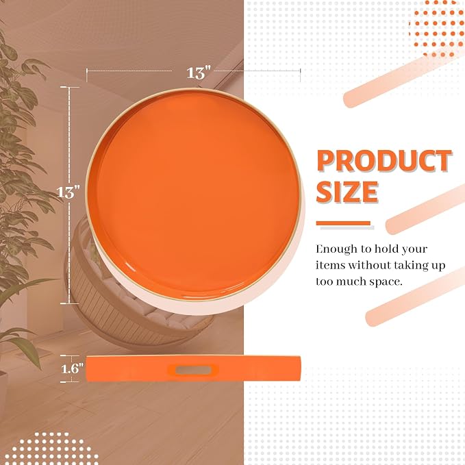13" Orange Decorative Tray, Plastic Round Serving Tray with Handles | Decorative Tray for Coffee Table, Modern Ottoman Tray, Circle Tea Tray, Round Melamine Tray for Living Room, Bathroom