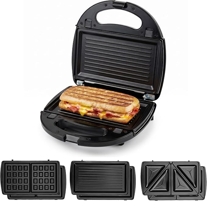 OVENTE Electric Sandwich, Panini and Waffle Maker Set, Black GPI202B | 3 Removable Non-Stick Plates, 750 Watts, Perfect for Grilled Cheese, Tuna Melts, Burgers, Steaks and Snacks