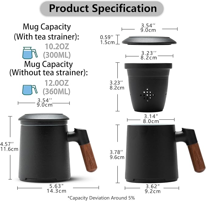 ZENS Tea Cup with Infuser and Lid for Loose Leaf Tea Steeper, 12oz Black | Embossed Ceramic Tea Infuser Mug with Fine Strainer for Herbal Tea Lovers Gifts, Vintage Wood Handle