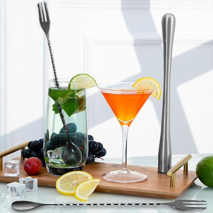 Bar Spoon Cocktail Mixing Stirrers,2Pcs,12” with Trident Fork, Black | 18/8 Stainless Steel, Double Ended Design, Long Drink Spoons, Trident Fork, for Stirring Coffee & Cocktails