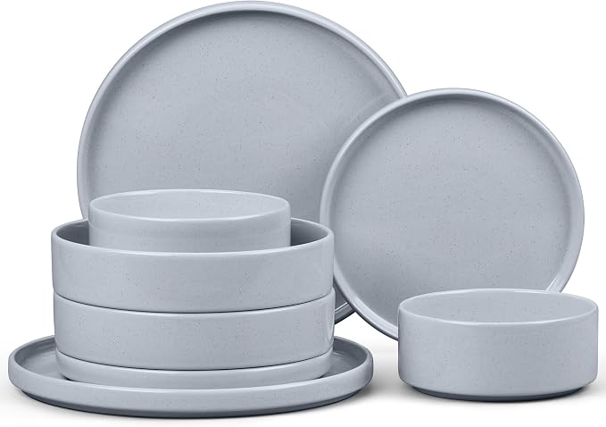 E-far 8-Piece Stoneware Dinnerware Sets with Pasta Bowls, Gray | Plates and Bowls Sets for 2, Microwave & Dishwasher Safe Kitchen Modern Dish Set, Speckled Gray