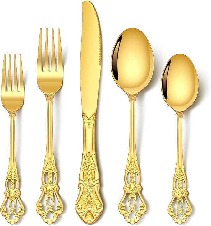 Stapava 30 Pcs Retro Royal Gold Silverware Set, Stainless Steel Gold Utensils Cutlery Set for 6, Gorgeous Flatware Set Include Forks Spoons and Knives set, Dishwasher Safe, Mirror Polished