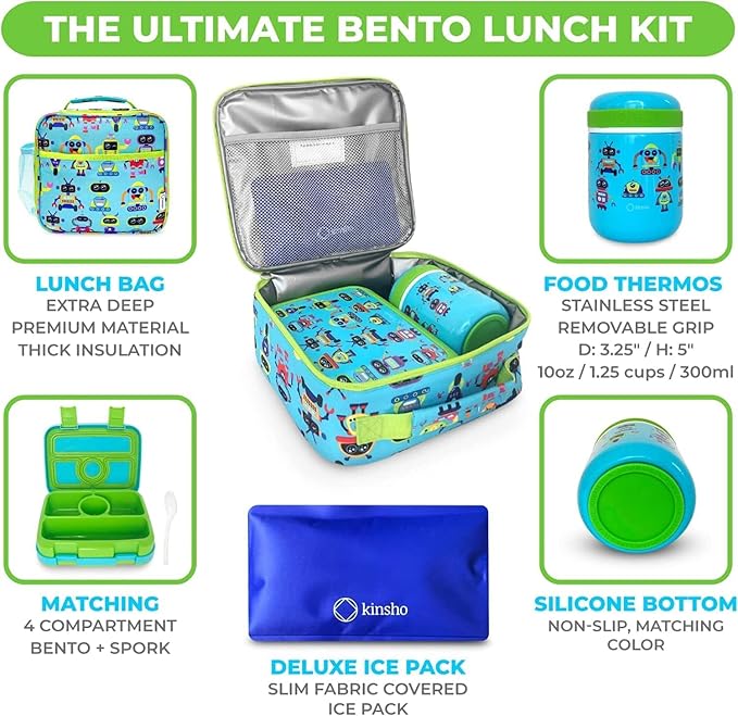 kinsho kids Bento Lunch Box Set with Thermo, Bag & Ice Pack, Green Robot | 4 Compartments, Removable Tray, Small Meal Snack Container for Boys Toddlers, Daycare & Pre-School, Steel Food Jar