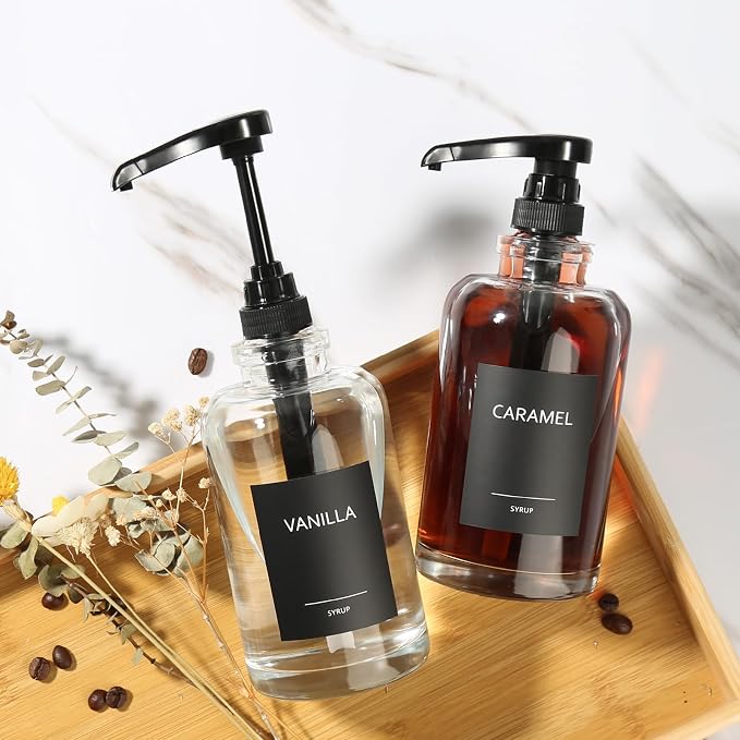 Coffee Syrup Dispenser for Coffee Bar, Glass Syrup Dispenser with 1/4oz Large Capacity Pump, Coffee Syrup Pump Dispenser for Coffee Station, 16.9 fl oz Maple Syrup Bottles for Coffee Bar Organizer