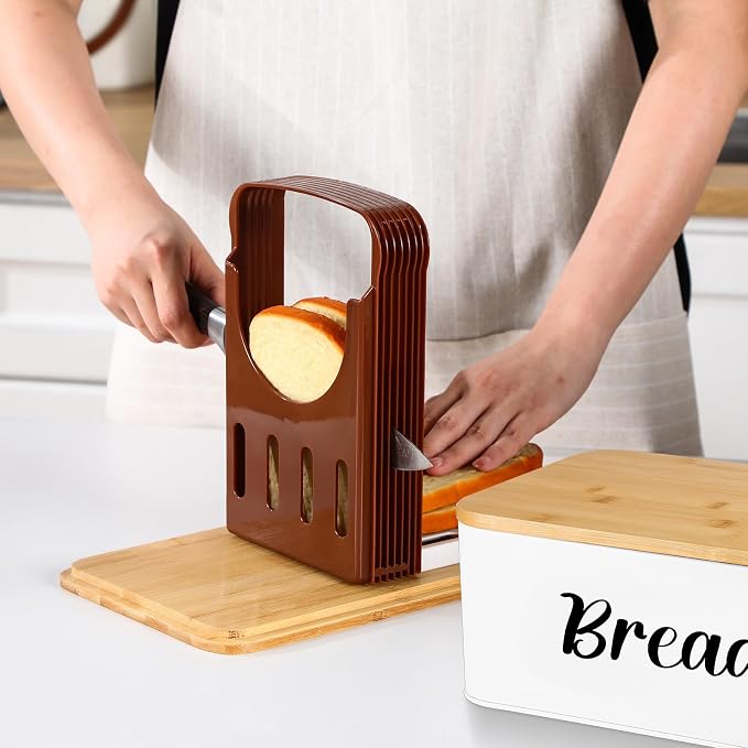 Teenyyou 2 Pcs Extra Large Bread Box with Slicer, Metal Bread Storage Container with Bamboo Cutting Board Lids, 2 Sizes Farmhouse Breadbox Set for Kitchen Countertop(White)