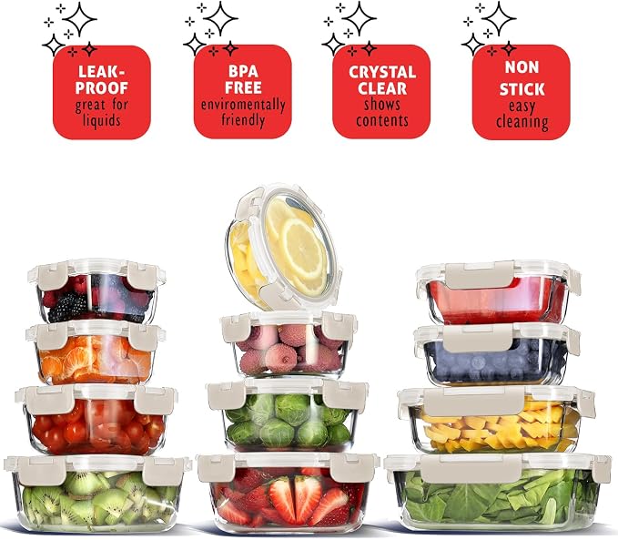 Nestl 24pc Glass Storage Containers with Lids, 12 Glass Food Storage Containers with 12 Airtight Lids for Pantry & Kitchen, Meal Prep Containers for Lunch, Oven Microwave & Dishwasher Safe, Cream