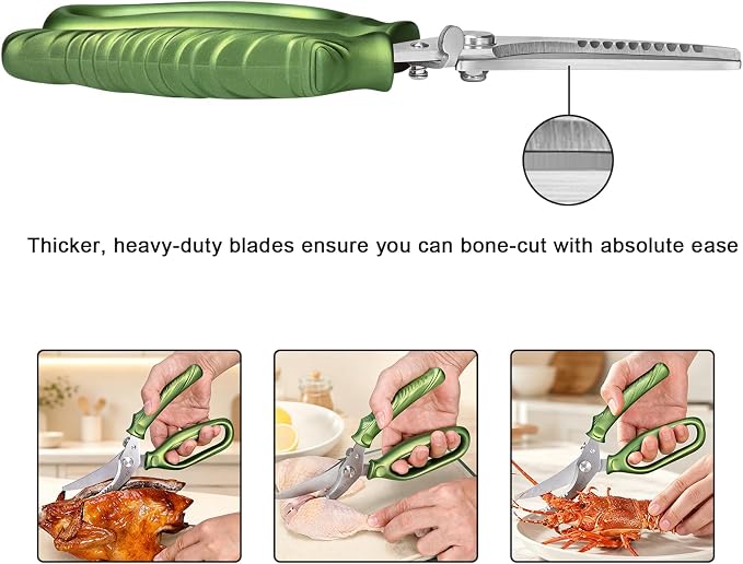 CHEN-KE Rust Resistant Heavy Duty Multipurpose Kitchen Shears-Green | Stainless Steel Kitchen Scissors, One-Hand, Ergonomic Grip, Sharp Durable Poultry Scissors for Chicken, Meat, Food Cutting