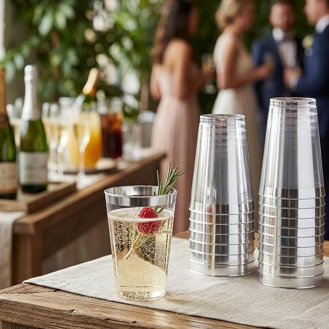 Byvivace 200 Pack 12oz Silver Plastic Cups with Rimmed Edges - Disposable, Recyclable, BPA Free, Food Safe, Modern Style, Perfect for Parties, Weddings, Birthdays, Festivals, 12oz Capacity Each