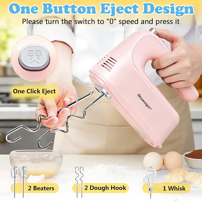 Electric Hand Mixer, 300W Handheld Mixer with 5 Stainless Steel Accessories, 5 Adjustable Speeds + Turbo Boost & Self-Control, One-Button Eject, Food Beater for Cakes, Eggs, Dough (Pink)
