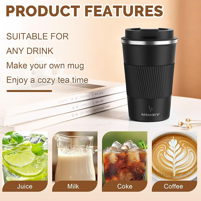 MOMSIV 12oz Travel Coffee Mug, Insulated Coffee Cup with Leakproof Lid | 6-Hour Heat Retention, 360°Leak proof, Vacuum Stainless Steel Double Walled, BPA-free, Reusable And To Go Coffee Mug
