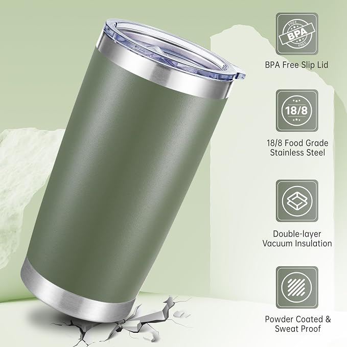 20 oz Tumblers Bulk Stainless Steel Tumbler with Lid, 6 Pack | Army Green, 20oz Insulated Coffee Mug, Double Wall Vacuum, Powder Coated Cup, for Hot and Cold Drinks