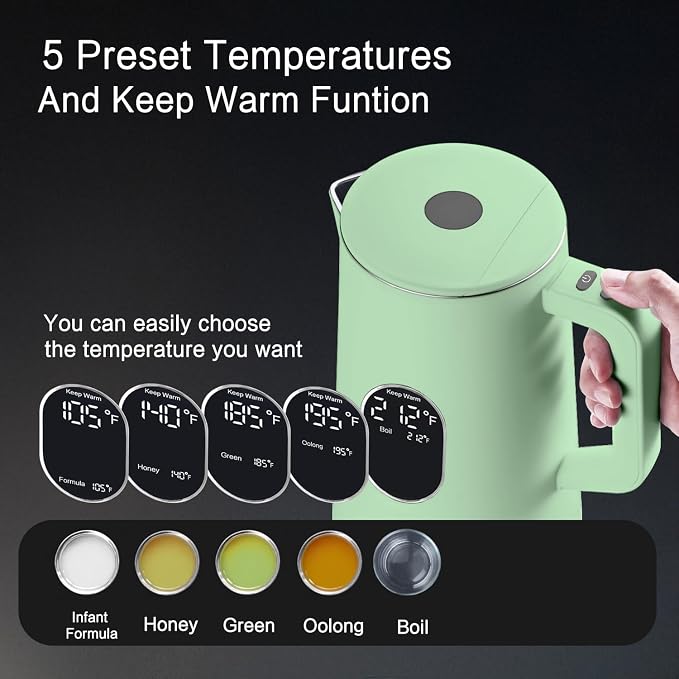 1.5L Electric Kettle Temperature Control, Green | Double Wall Cool Touch Teapot, Fast Boil, 5 Temperature Control, LED Display, Auto Shut-Off & Keep Warm