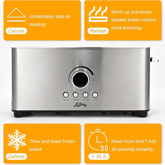 2 Slice Toaster, Long Slot Stainless Steel, 7 Browning Settings | Reheat, Defrost, Cancel, Removable crumb tray, compact design, bagel & thick bread compatible, overheat protection
