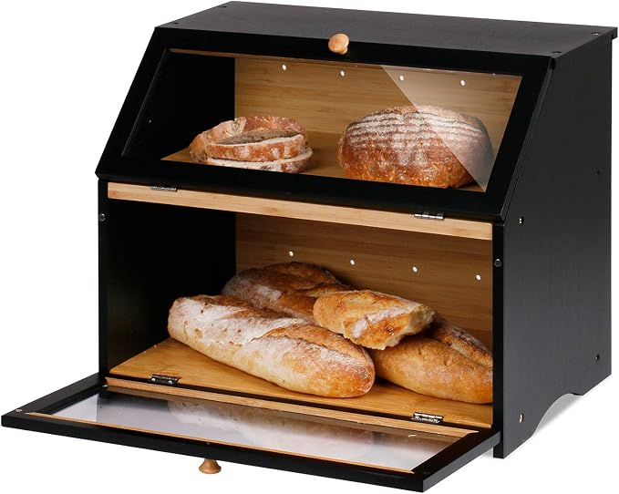 HOMEKOKO Double Layer Wooden Bread Box, Keep Bread Fresh Longer, Black | Keeps Bread Fresh 3-4 Days, Large Capacity Fits 2+ Loaves, Suitable For Home Kitchen Food Storage Use, See-Through Window