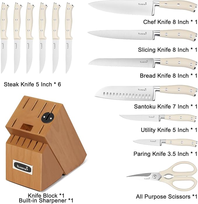 Kuisine Kitchen Chef Knife Block Set,High Carbon Stainless Steel Razor-Sharp Blade Ergonomic Handle,Sharp Knife Set with Built-in Sharpener,Elegant Gift(Irovy-Acacia,15pcs)