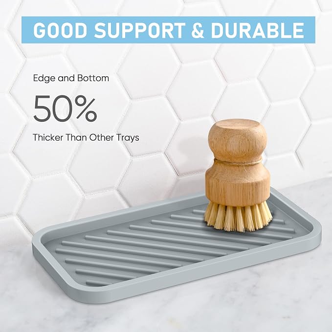 Kitchen Sink Organizer Tray,Sponge Holder for Kitchen Sink Bathroom（Grey） | Counter Tray Sponge Caddy Silicone Soap Holder for Soap Dispenser, Bottle, Dishwashing Accessories(2-Pack)