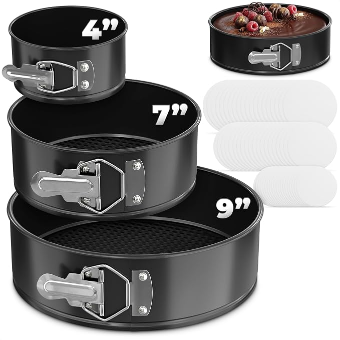 BURIUS Springform Pan Set of 3, 4 7 9 Inch Nonstick Round Cheesecake Pans | Leak-Resistant Sides and Removable Bottoms Release Cheesecakes Cleanly - Easy-Open Latch, Plus 60 Parchment Liners Included