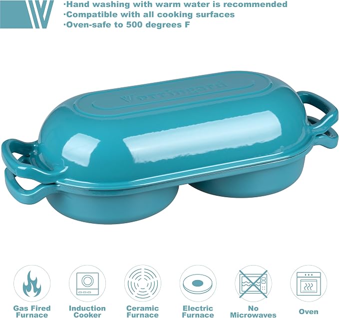 Enameled Cast Iron Double Dutch Oven with Lid, Dual Round Loaf Pan, Bread pan for Homemade Sourdough Bread Baking, Bluegreen