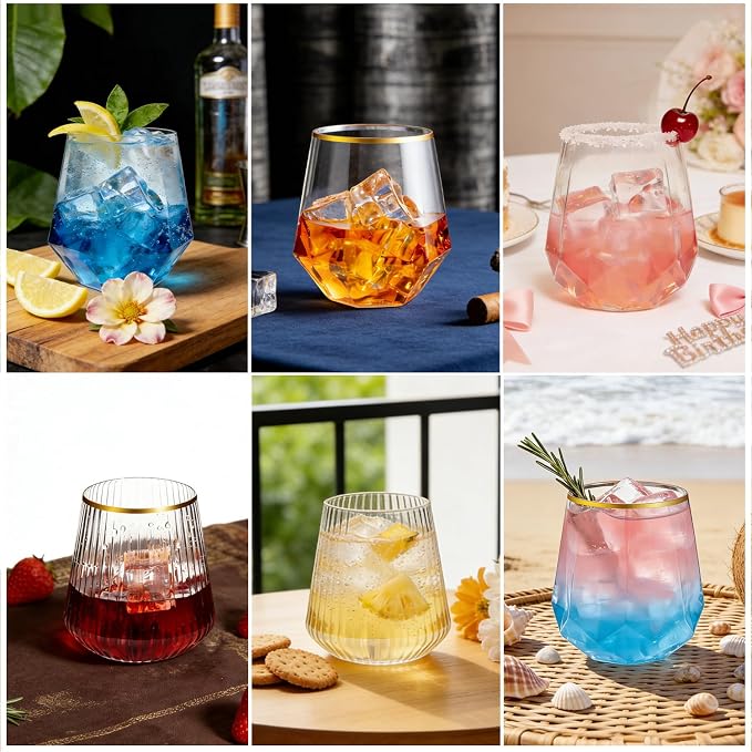 CHLJAR 40 Pack 12oz Stemless Plastic Wine Glasses, Clear Gold Rim Unbreakable Drinkware, Elegant Cups for Champagne Whiskey Cocktails, Weddings Parties Home Bars, Indoor Outdoor, Gifting Daily Use