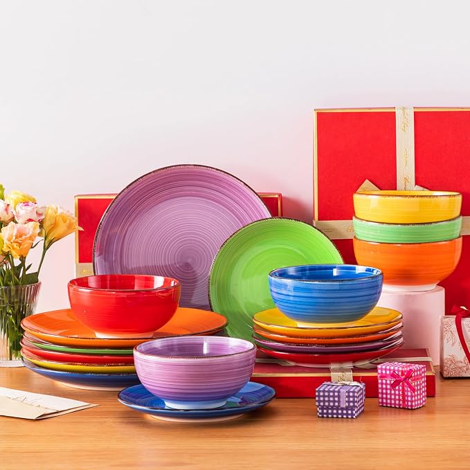 vancasso Bonita Dinnerware Set Multicolor Stoneware 18 Pieces Service for 6 | Handpainted Spirals Pattern Stoneware Plates and Bowls Set, Modern Round Dishes Sets, Microwave and Dishwasher Safe
