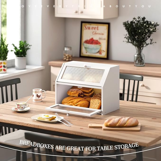 STDDRE Bread Box for Kitchen Countertop Bin Double Layer Bread Box Storage Container Extra Large Capacity Farmhouse with Diamond Pattern Windows (White, Large)