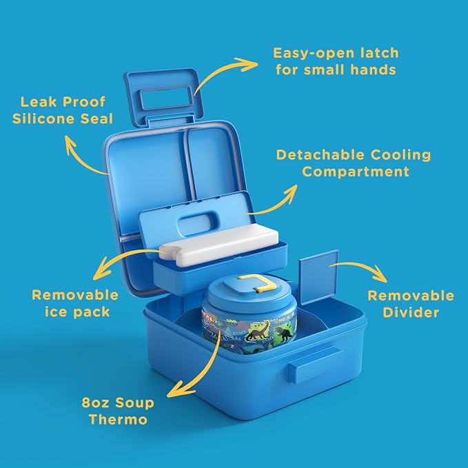 JXXM Bento Lunch Box for Kids With 8oz Soup thermo,Leak-proof Lunch Containers with 5 Compartment,thermo Food Jar and Lunch Bag, Food Containers for School (A-Blue(Dinosaur))