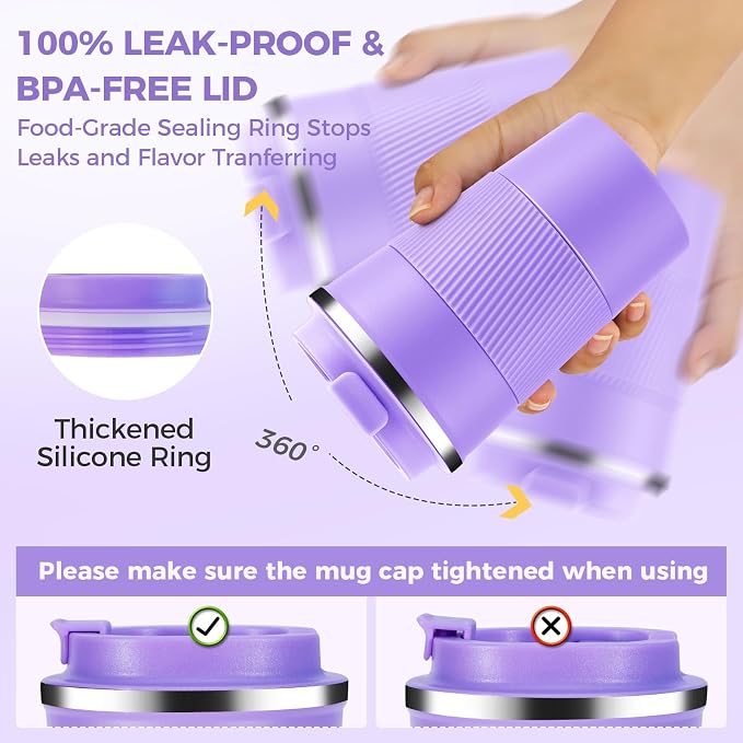 Volhoply 13 oz Stainless Steel Insulated Travel Coffee Mug with Fip Lid,Reusable Double Wall Vacuum Metal Coffee Cup,Portable to Go Leak Proof Cafe Thermal Tumbler for Hot & Cold Drinks(Purple,1)