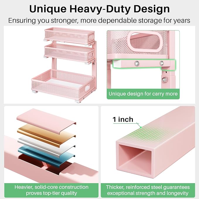 Kitstorack Under Sink Organizer, 1-Pack 3-Tier Height Adjustable Thickened Metal Pull out Cabinet Organizer Shelf, Slide out Storage Drawer Rack for Bathroom Kitchen Pantry Home Organization, Pink