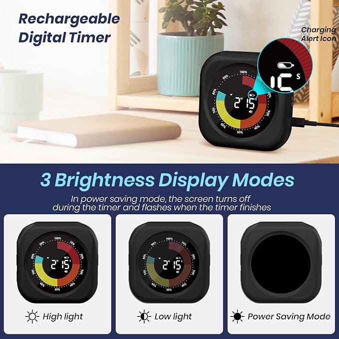 PERSUPER Visual Timer for Kids, Rechargeable 10-Hour Countdown/Up Timer | with 3 Volume Levels, 3 Brightness Display, and Magnetic, Homeschool Study Tool, Large Digital Timers for Classroom, Kitchen