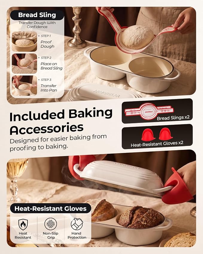 Mini Double Dutch Oven for Sourdough, Enameled Cast Iron Bread Pan, White | Double Loaf Bread Pan with Lid, Mini Sourdough Dutch Oven for Bread Baking