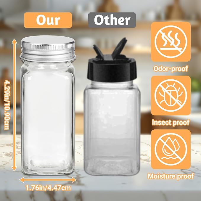 24 Pack Glass Spice Jars with Labels, 4oz Spice Containers with Sliver Lids | Includes 249 Labels, Metal Funnel, Extra Shaker Lids & Stirring Stick for Kitchen Seasoning Organization