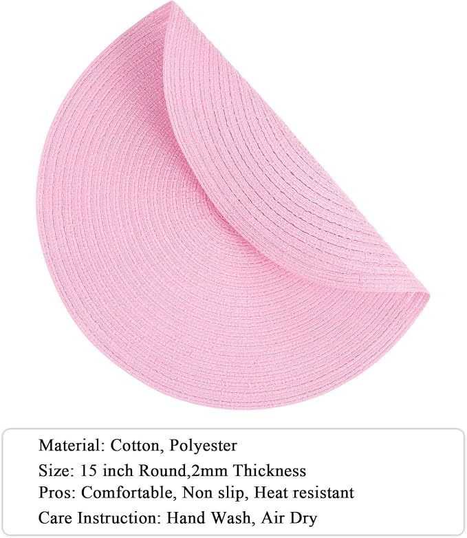 SHACOS Round Braided Placemats Set of 6 Round Table Mats for Dining Tables 15 inch Washable Non Slip Placemats (Pink, 6)
