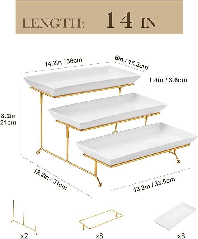 MALACASA 3 Tier Serving Trays for Party, 14 Inch Porcelain White Trays for Serving Food, Dessert Stand with Collapsible Gold Metal Rack | Tiered Serving Stand for Party, Fruit Tray, Trays for Serving Food, Dessert Stand with Collapsible Sturdier Gold M...