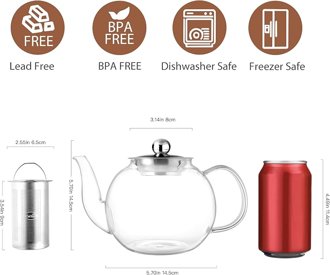 CNGLASS 40oz Glass Teapot with Removable Infuser,Clear Tea Kettle Stovetop Safe,Blooming and Loose Leaf Tea Maker Set