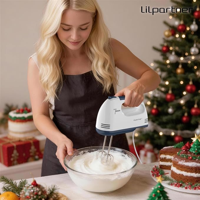 LILPARTNER Electric Hand Mixer with Storage Box, Ultra Power Kitchen Hand Mixer With 7-Speed & 5 Stainless Steel Accessories for Whipping Dough, Cream, Cake, Dishwasher Safe, WHITE BOX