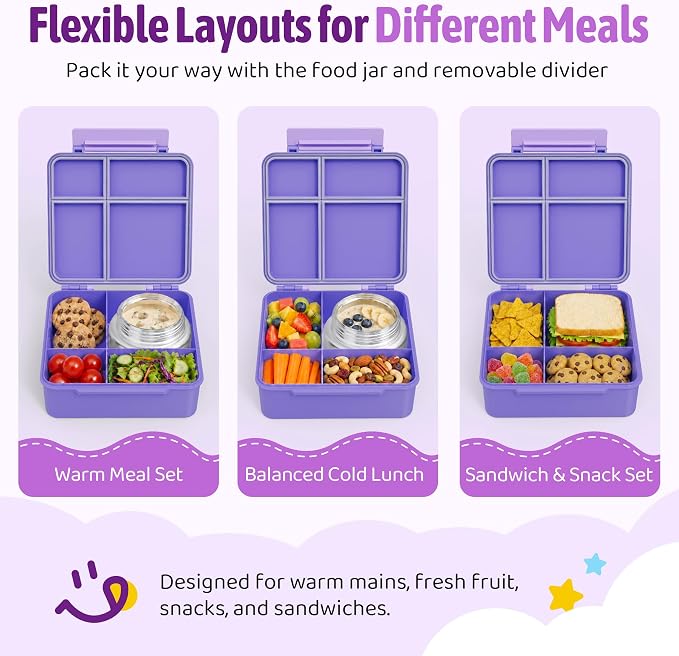 Bento Box for Kids with Thermo Food Container (9oz), 4-Compartment Lunch Box, Adjustable Divider, Leakproof Bento Lunch Box, Includes Utensils & Carry Bag for School, Office(Purple)