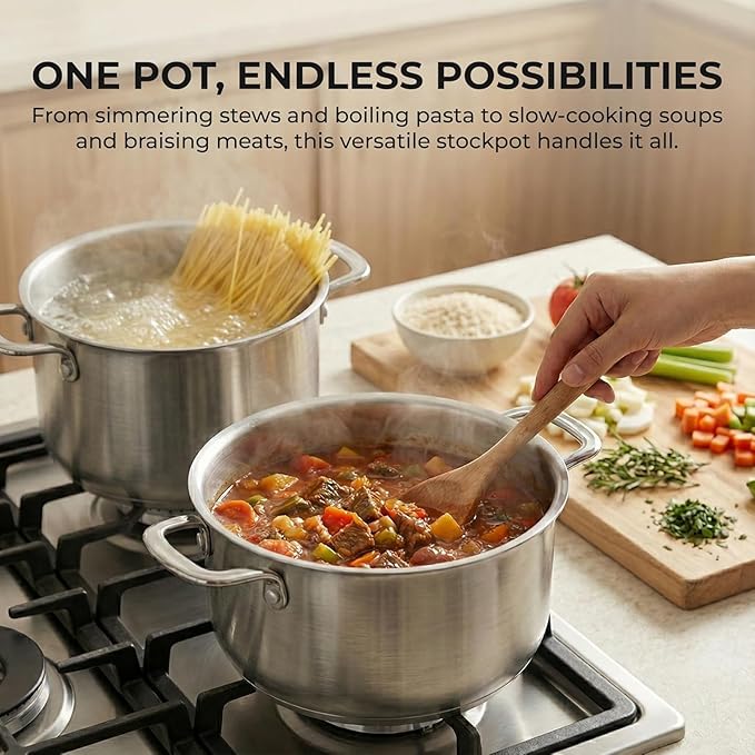 SUNHOUSE 6.5 Quart Stock Pot with Lid, Stainless Steel Pots for Cooking | Ultra thick 5-ply Base 18/10 Heavy Bottom Stainless Steel Pots for Canning, Boiling - Oven Safe & Induction Compatible