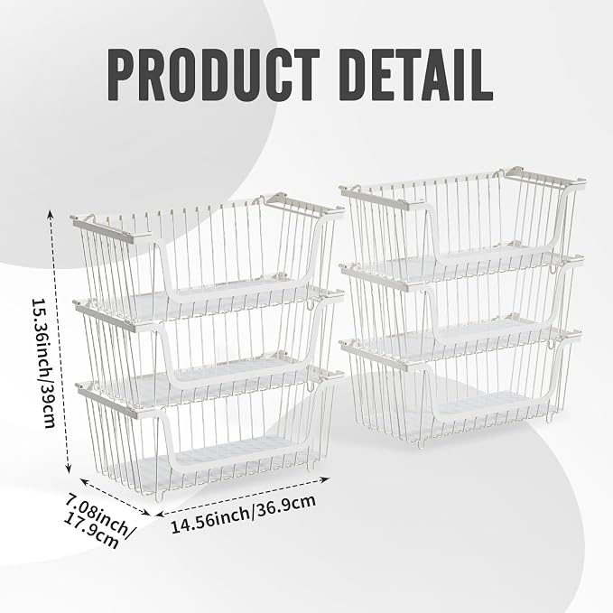 6 Pcs Stackable Wire Baskets for Pantry Organizers and Storage, | Vegetable Fruit Basket for Countertop,Kitchen Storage Metal Baskets,Produce Potato Onion Storage Bin,White