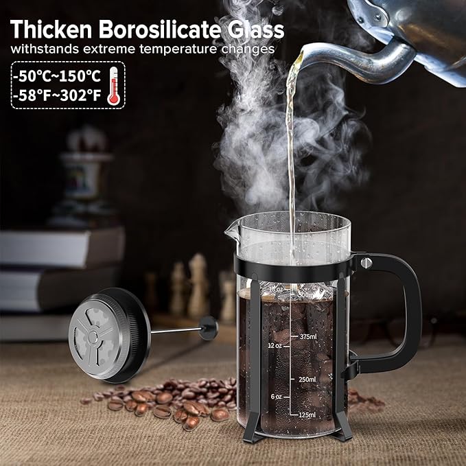 QUQIYSO French Press Coffee Maker 21oz,Borosilicate Glass Coffee Press | Thickened Glass Stainless Steel Coffee French Press,Easy to Clean,4 Filter Suitable for Kitchen Party Camping Gifts(Black)