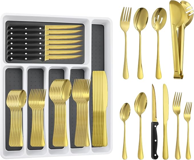 65PCS Gold Silverware Set for 10 with Flatware Drawer Organizer, Stainless Steel Cutlery Set with Steak Knives, Include Spoons and Forks Set & Serving Utensils, Mirror Polished, Dishwasher Safe