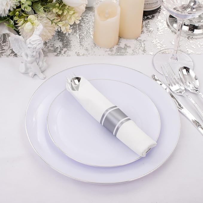 120 Pack Silver Plastic Silverware Wrapped Cutlery Set with Napkin | Heavy Duty Pre Rolled Disposable Silver Cutlery Wrapped Plastic Utensils for Wedding, Birthday, Party & Catering