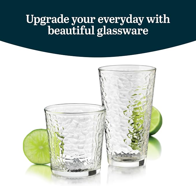 Libbey Yucatan Textured Tumbler & Rocks Drinking Glasses Set of 16 | Jumbo Margarita Glass Cups with 16.2 oz and 13 oz Capacities for Frozen Cocktails, Mocktails & Entertaining