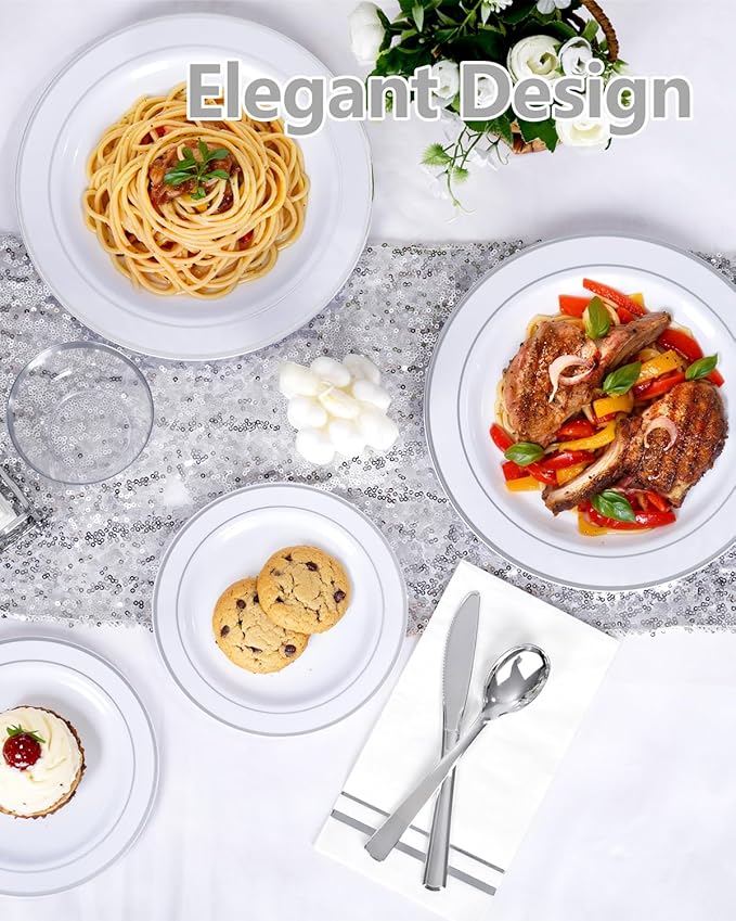 GATHER 700PCS Silver Plastic Plates 100 Guest for Wedding and Party | White and Silver Disposable Dinnerware Sets include 200 Plates, 300 Silverware, 100 Napkins, 100 Cups for Anniversary