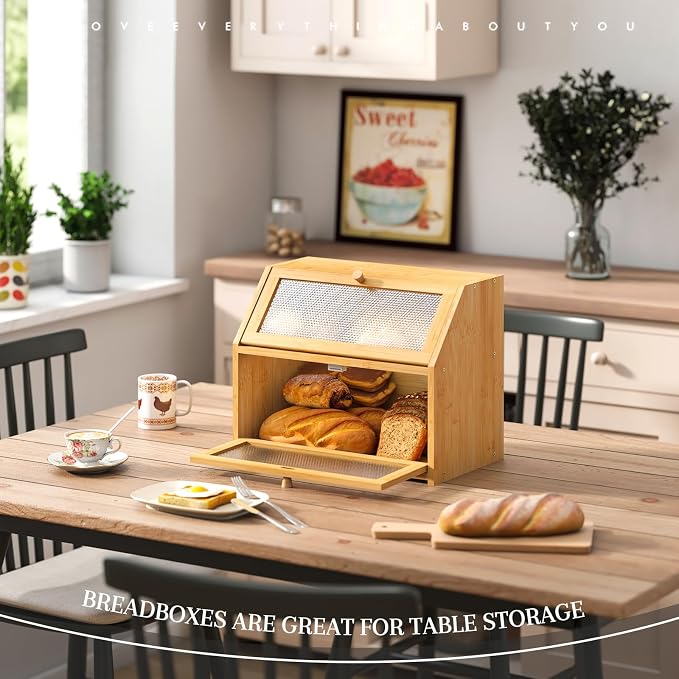 STDDRE Bread Box for Kitchen Countertop Bin Double Layer Bread Box Storage Container Extra Large Capacity Farmhouse with Diamond Pattern Windows (Natural, Large)