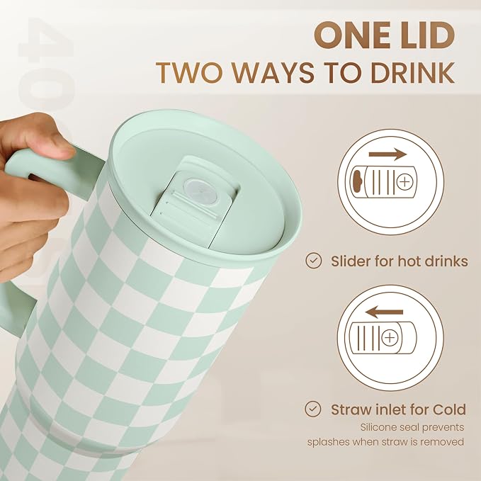 Checkered Tumbler with Handle 40oz, Mint Checker Cup Stainless Steel Insulated Tumblers Coffee Travel Mug Cups with Straw, Gifts for Women Girls Teen Birthday Christmas