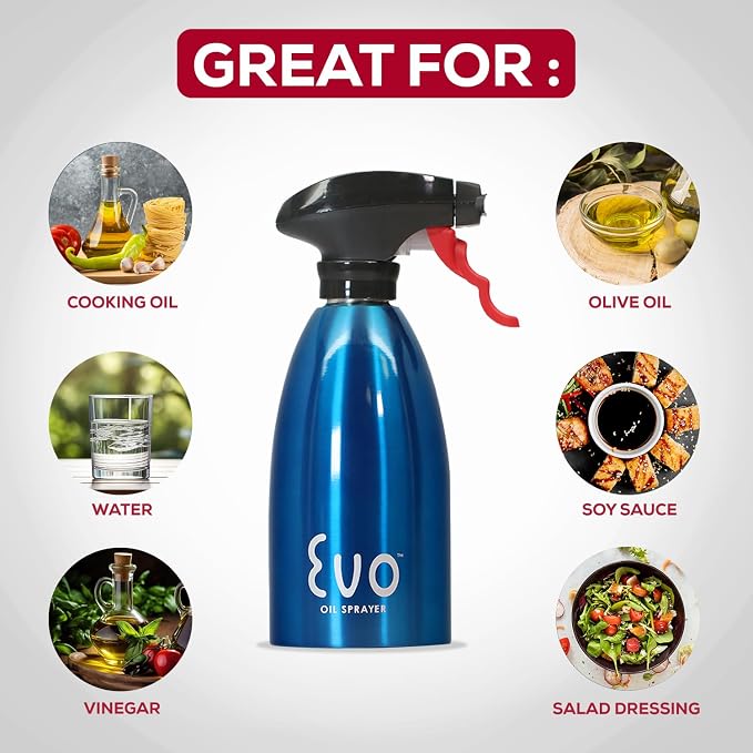 Evo Oil Sprayer 18/8 Stainless Steel, Non-Aerosol for Olive, Cooking Oils, and Vinegars, Blue, 16-Ounce Capacity