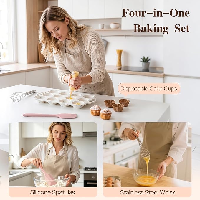2 Pack Silicone Muffin Pans, 12 Cup Cupcake Pan with Metal Reinforced Frame | 3 Baking Tools Included, Nonstick Molds for Homemade Muffins, Cupcakes, Egg Bites, Oven & Dishwasher Safe