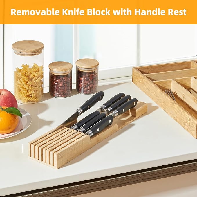 Small Bamboo Silverware Organizer Kitchen Utensil Tray, Natural | Removable Knife Block, Holds 7 Knives, Adjustable Dividers, 15.6 x 12 x 1.8 in, Drawer Insert for Utensils, Forks