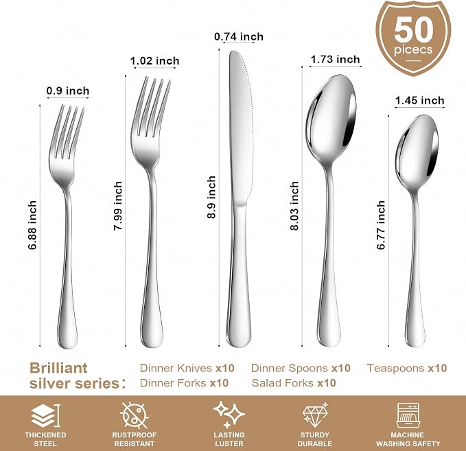 Lazycorner Silverware Set 50 Piece Stainless Steel Flatware Set Silverware Utensils for 10 People Includes Forks Knives Spoons & Salad Forks Dishwasher Safe for Home Restaurant or Outdoor Use